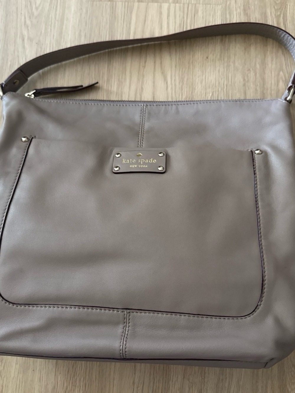kate spade taupe leather shoulder bag with front pocket